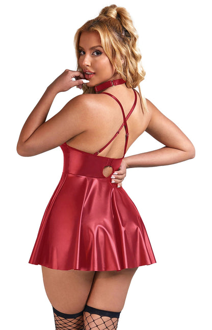 Plus size PU leather nightgown in red with adjustable straps and flared skirt design