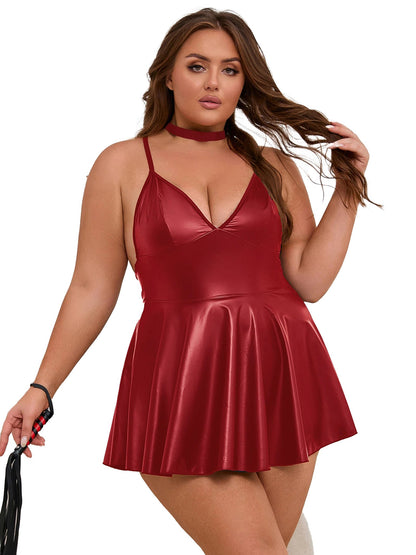 Plus size PU leather nightgown in red with a flared skirt and adjustable straps from LuckeLadybug LLC