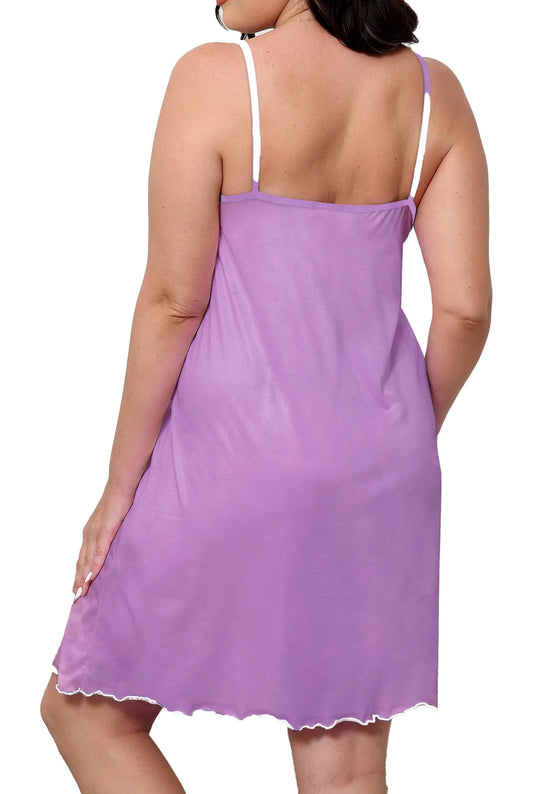 Back view of a plus size purple nightgown for women with delicate straps and a scalloped hem