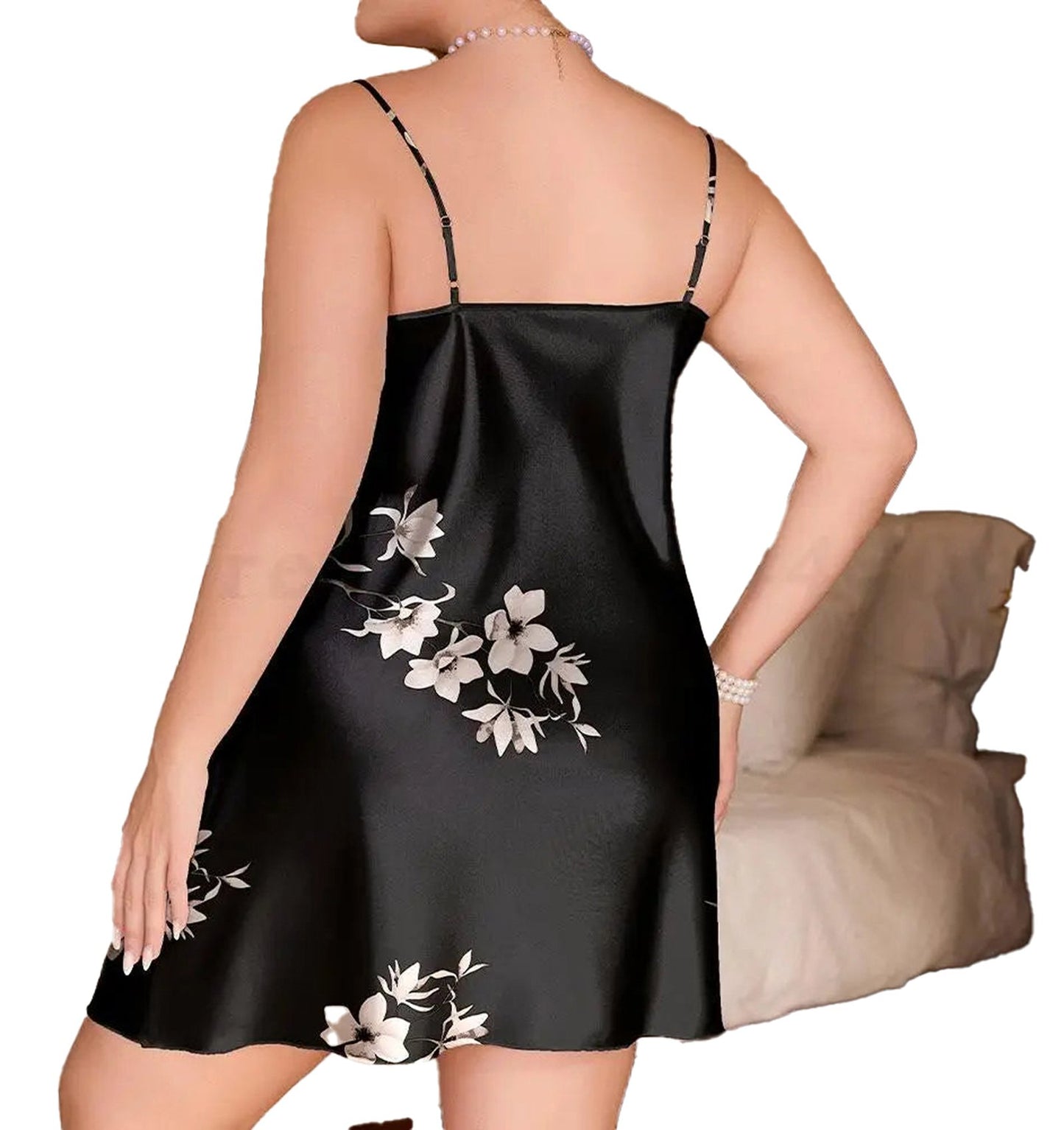Back view of plus size satin chemise nightgown with floral design for comfortable sleepwear