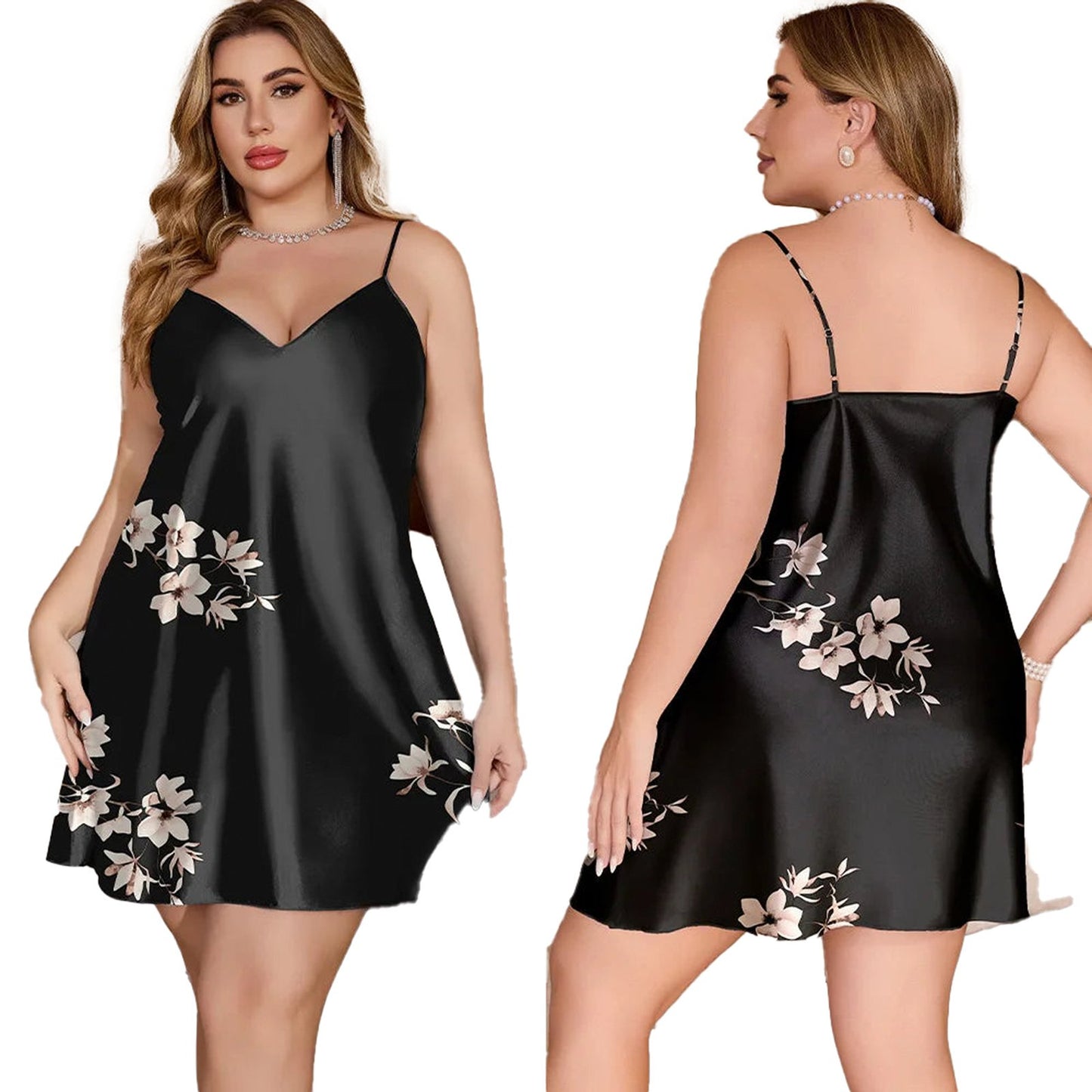 Plus size satin chemise nightgown in black with floral design, perfect for comfortable sleepwear