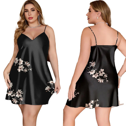 Plus size satin chemise nightgown in black with floral design, perfect for comfortable sleepwear
