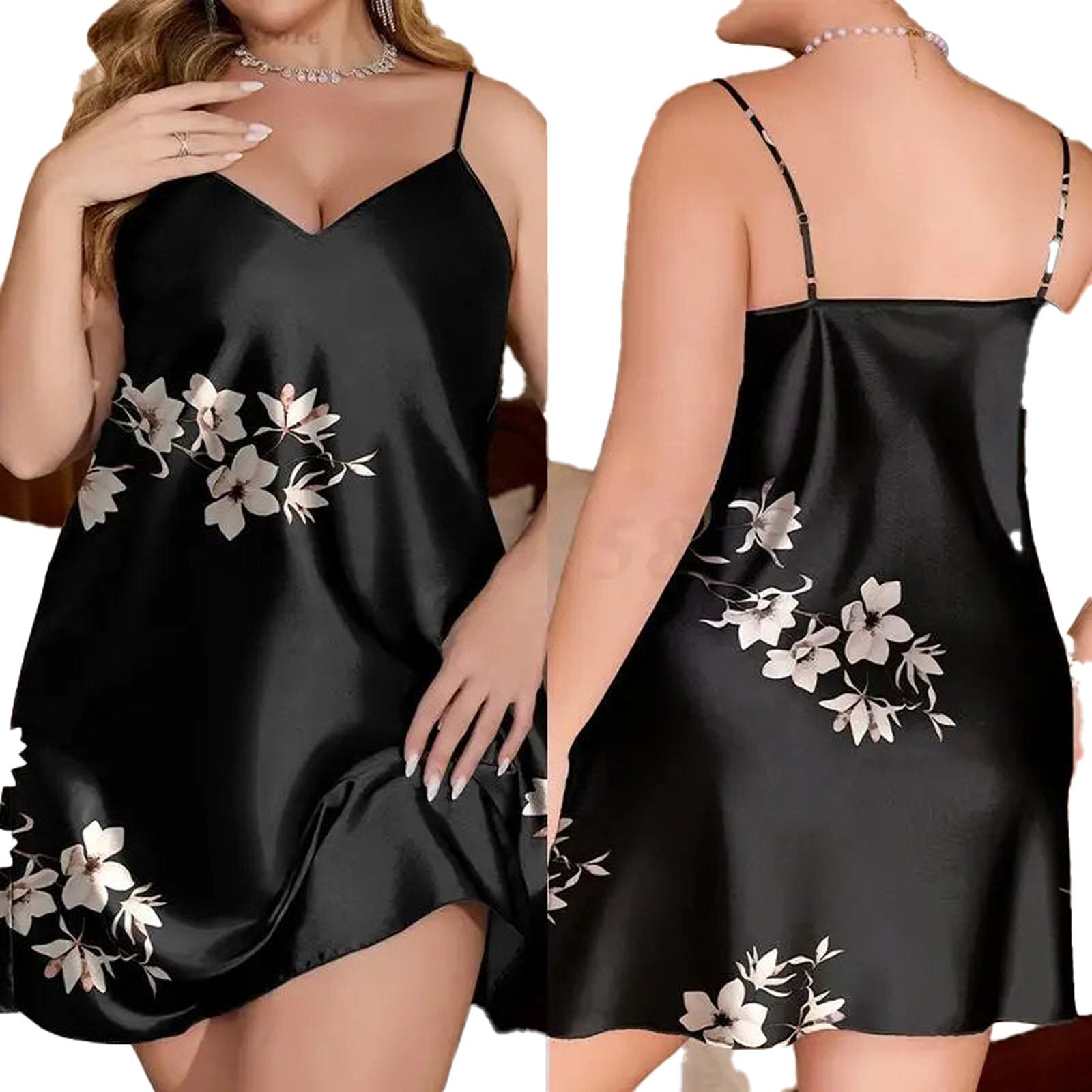 Plus size satin chemise nightgown in black with floral design, evening wear for comfort and style