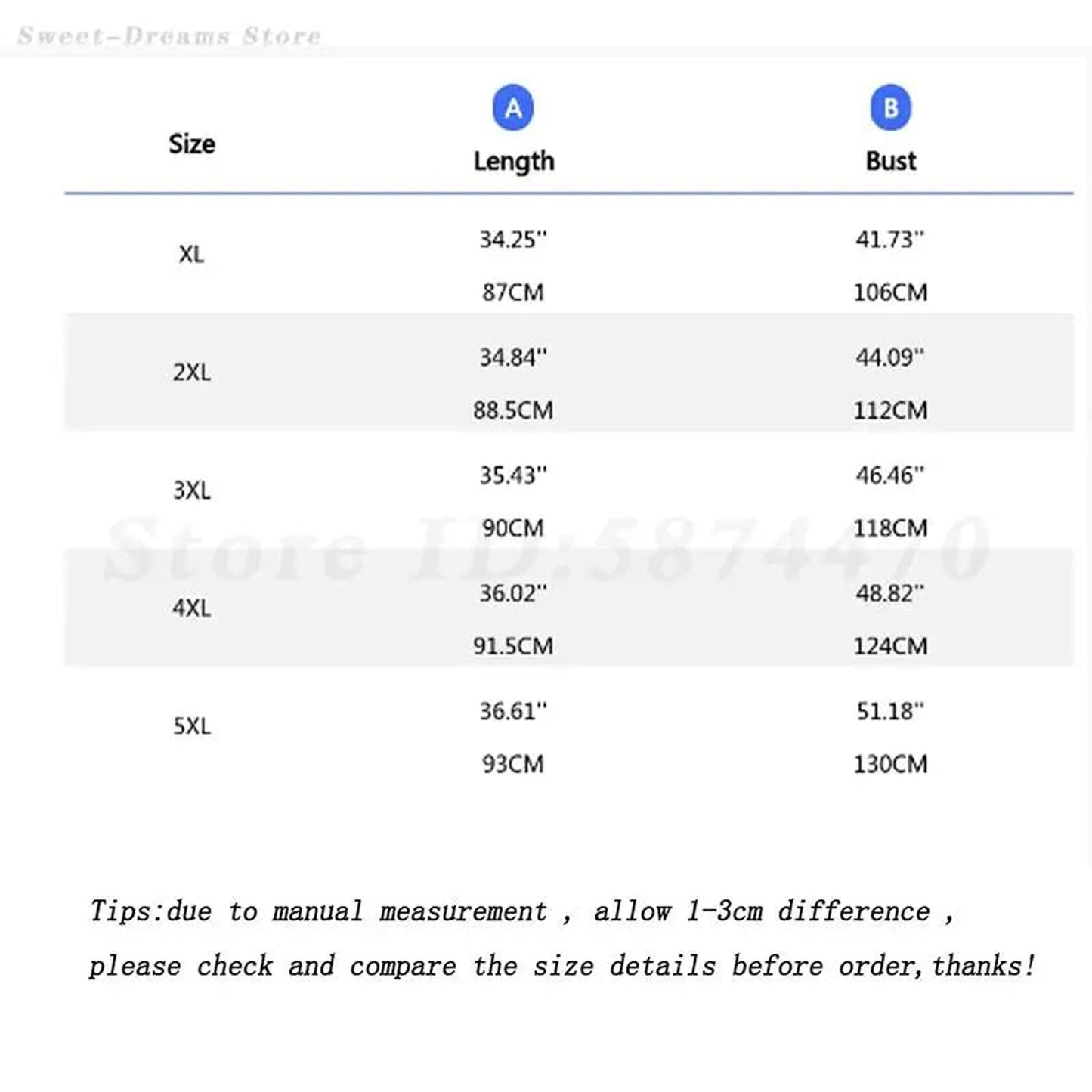 Size chart for plus size satin chemise nightgown with measurements for XL to 5XL options