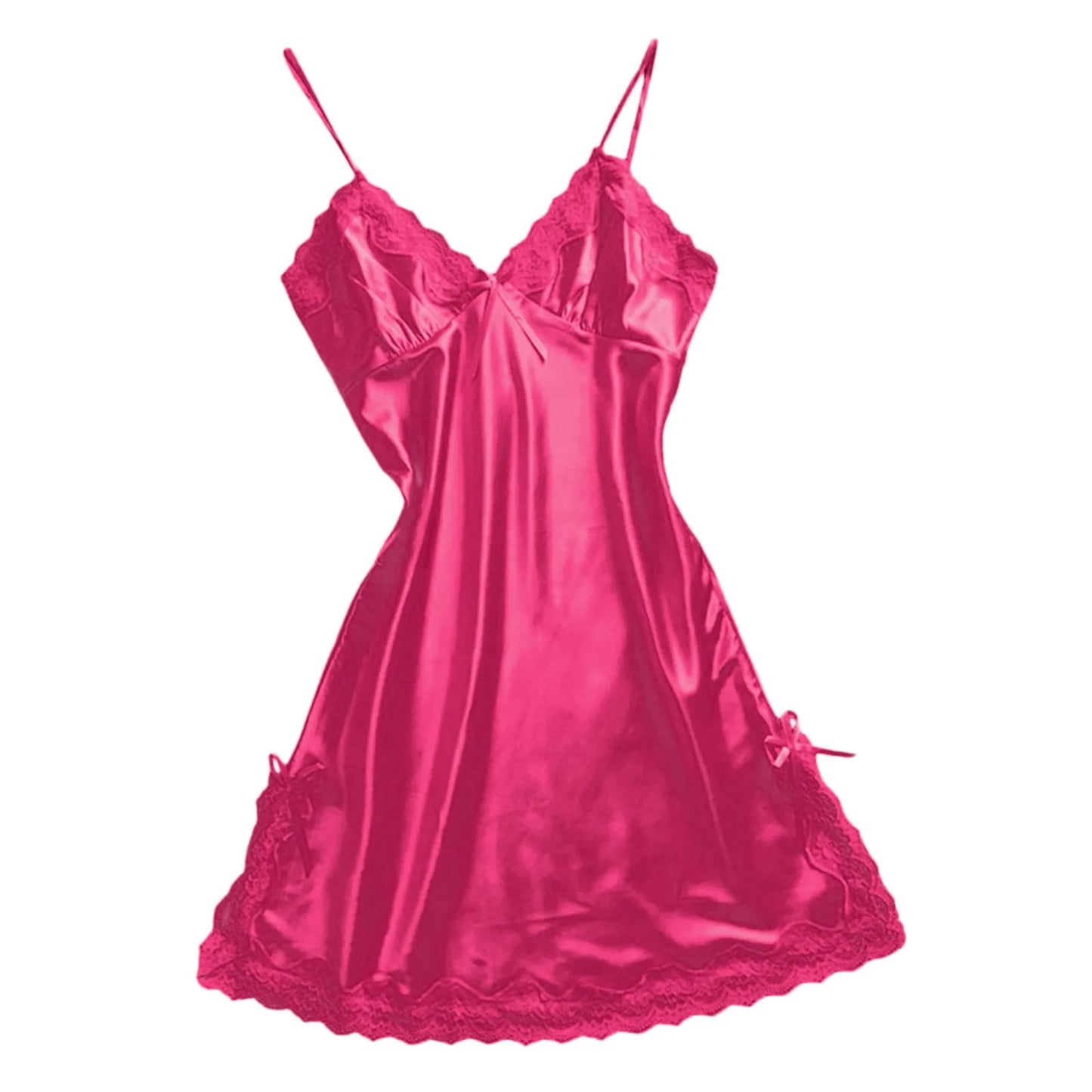 Fuchsia plus size satin chemise nightgown with delicate lace trim and adjustable straps