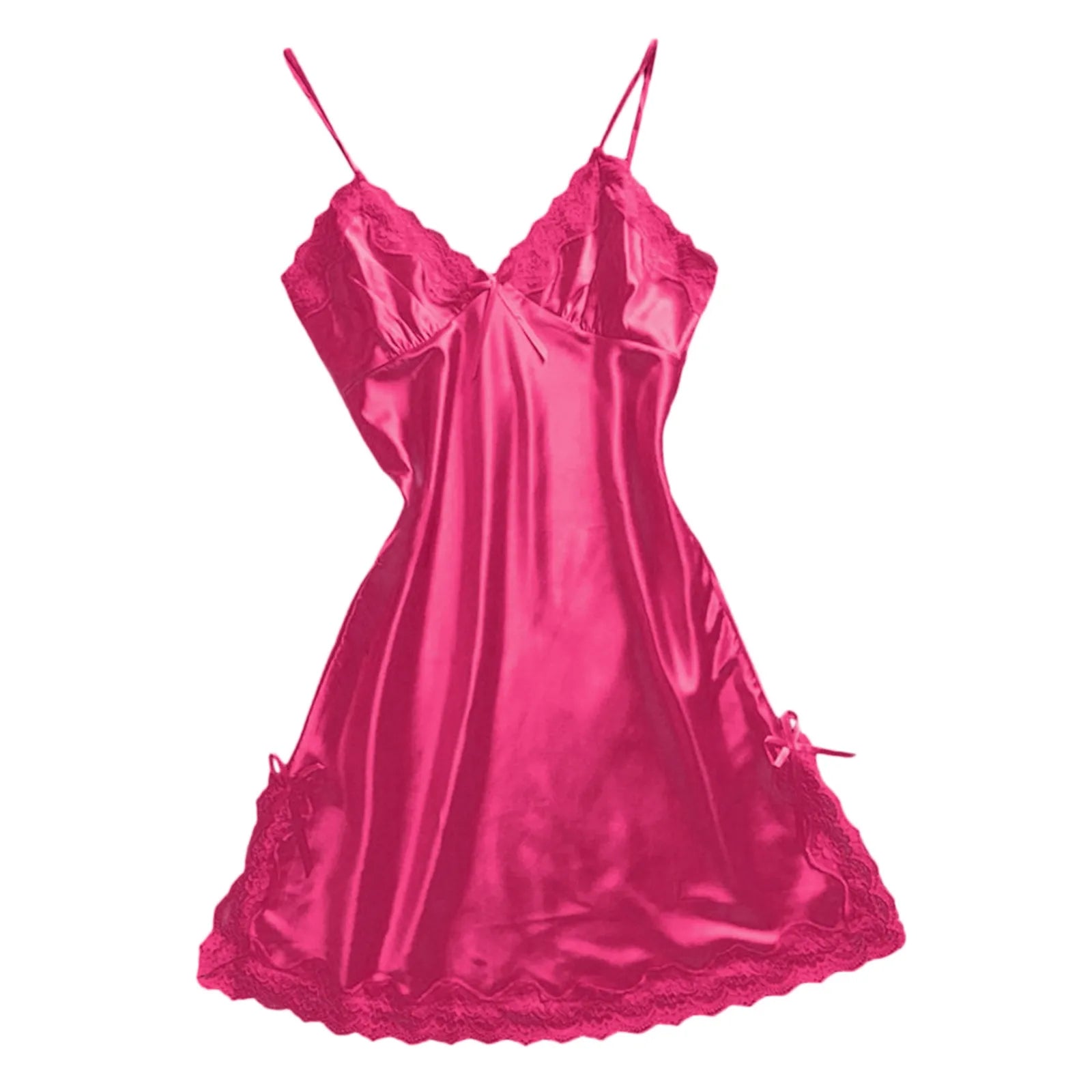 Fuchsia plus size satin chemise nightgown with delicate lace trim and adjustable straps