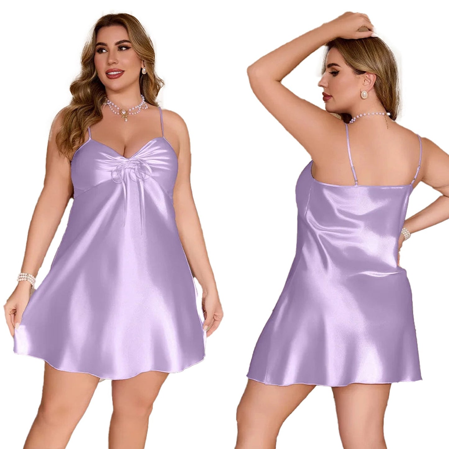 Plus size satin chemise nightgown in lavender with adjustable straps and bow detail from LuckeLadybug LLC