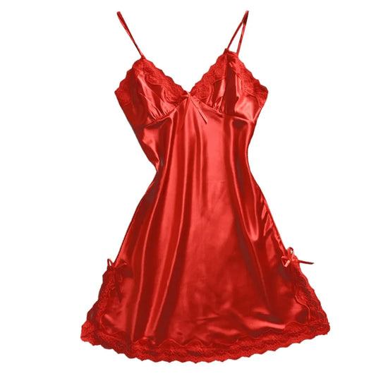Plus size satin chemise nightgown in red with lace trim and adjustable straps for comfort