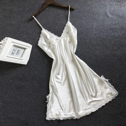 Elegant plus size satin chemise nightgown in white with delicate lace trim for a luxurious sleep experience