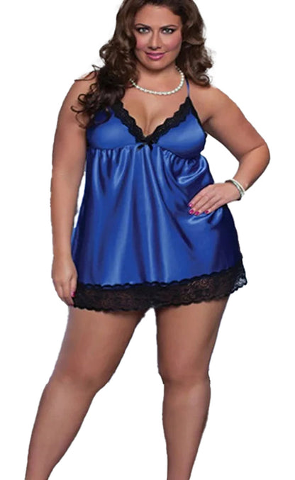 Plus size satin lingerie nightgown in blue with black lace trim and adjustable straps