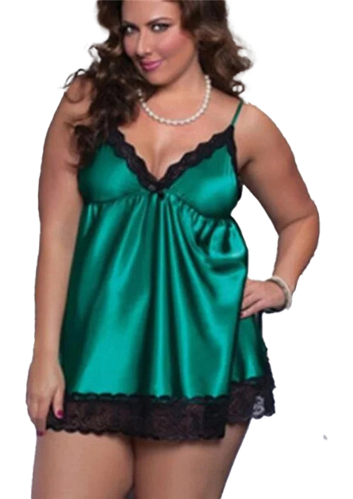 Plus size satin lingerie nightgown in green with lace trim for a luxurious evening look