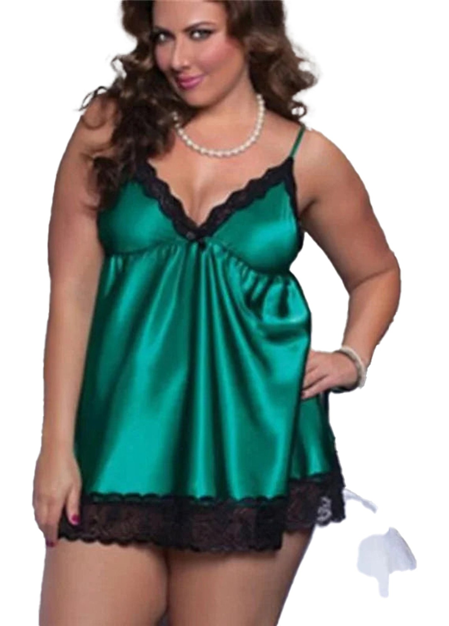 Plus size satin lingerie nightgown in green with black lace trim for elegant sleepwear