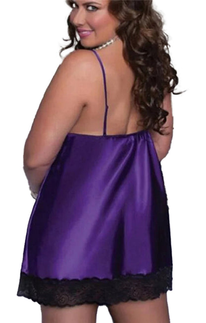 Plus size satin lingerie nightgown in purple with lace trim, ideal for elegant nights