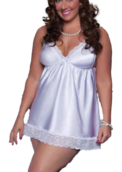 Plus size satin lingerie nightgown in soft white with lace trim and a flattering design