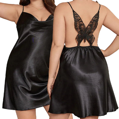 Plus size satin nightgown with lace butterfly back design for comfortable sleepwear