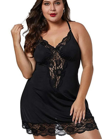 Plus size satin nightgown in black with lace detailing for comfortable and elegant sleepwear