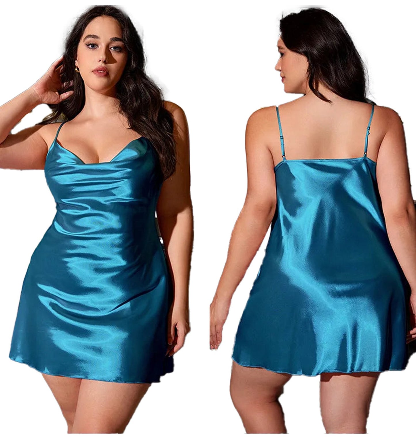 Plus size satin nightgown in teal with adjustable straps for a comfortable fit and elegant look