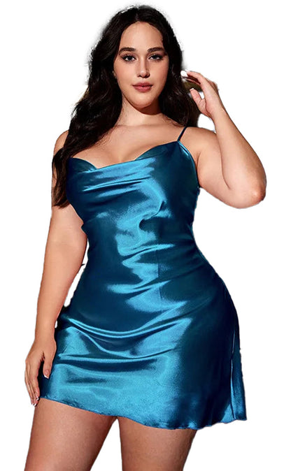 Plus size satin nightgown in teal with adjustable straps and a flattering fit