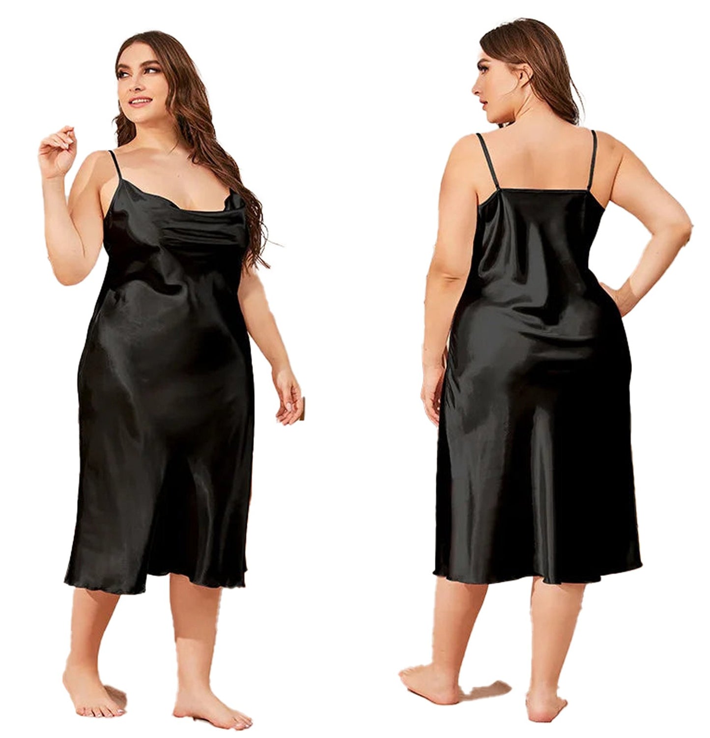 Plus size satin nightgown for women in black with adjustable straps and a flowing silhouette