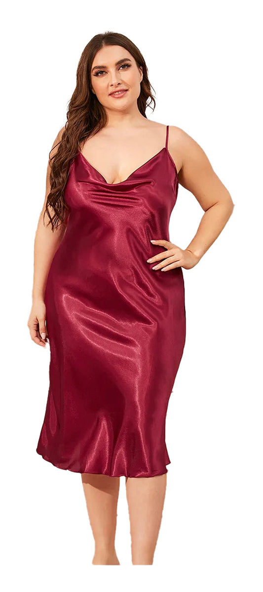 Plus size satin nightgown for women in deep burgundy with adjustable straps and a flattering fit