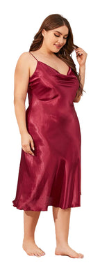 Plus size satin nightgown for women in burgundy with a graceful cowl neckline and a flowing design