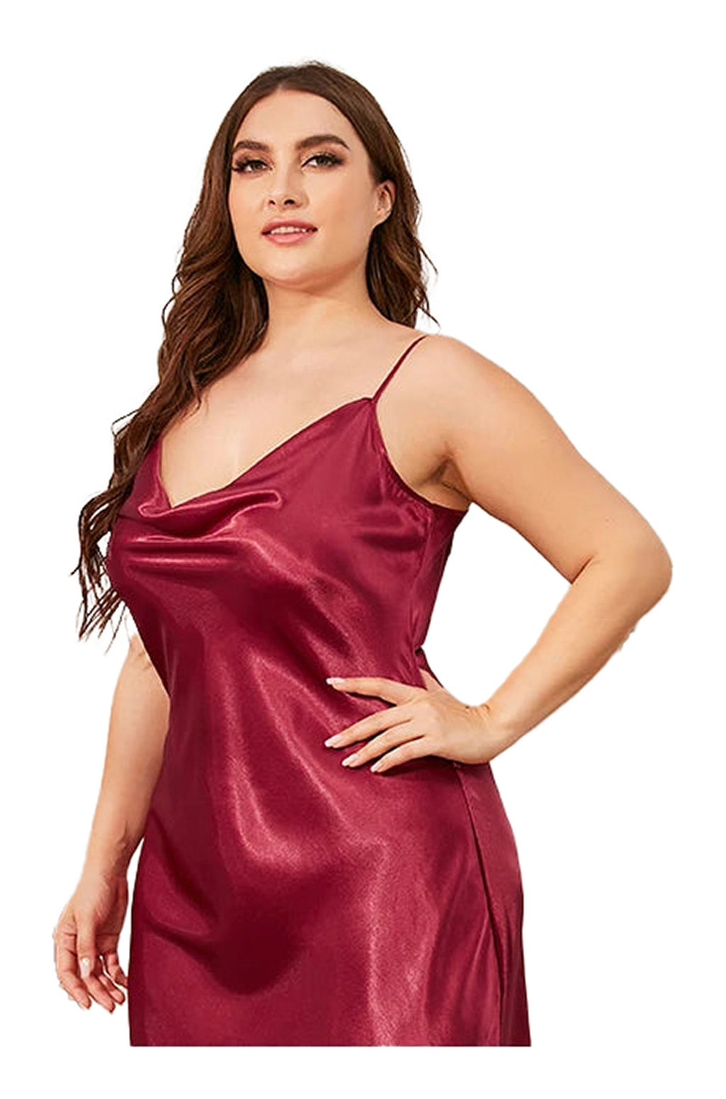 Plus size satin nightgown for women in burgundy with adjustable straps and smooth fabric