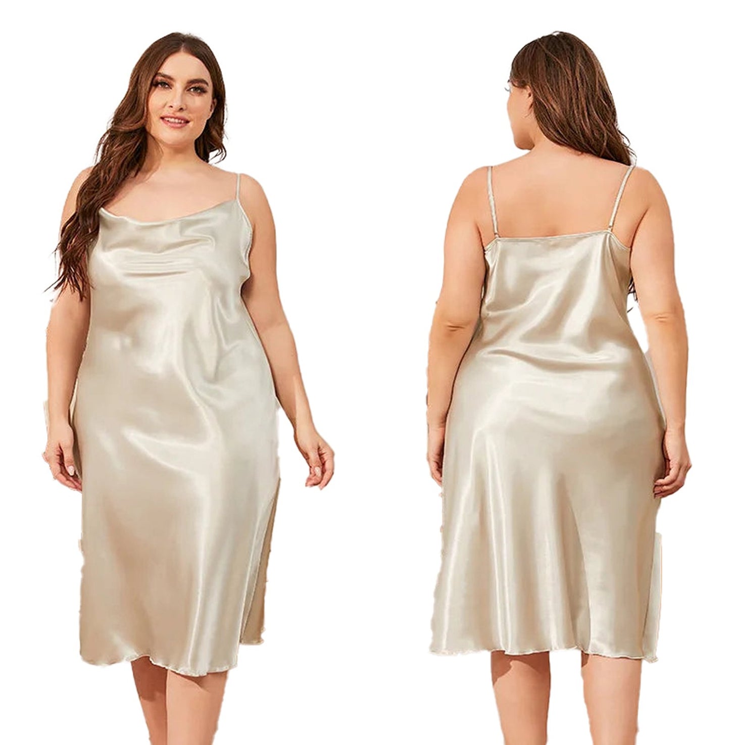 Elegant plus size satin nightgown for women in champagne color with adjustable straps