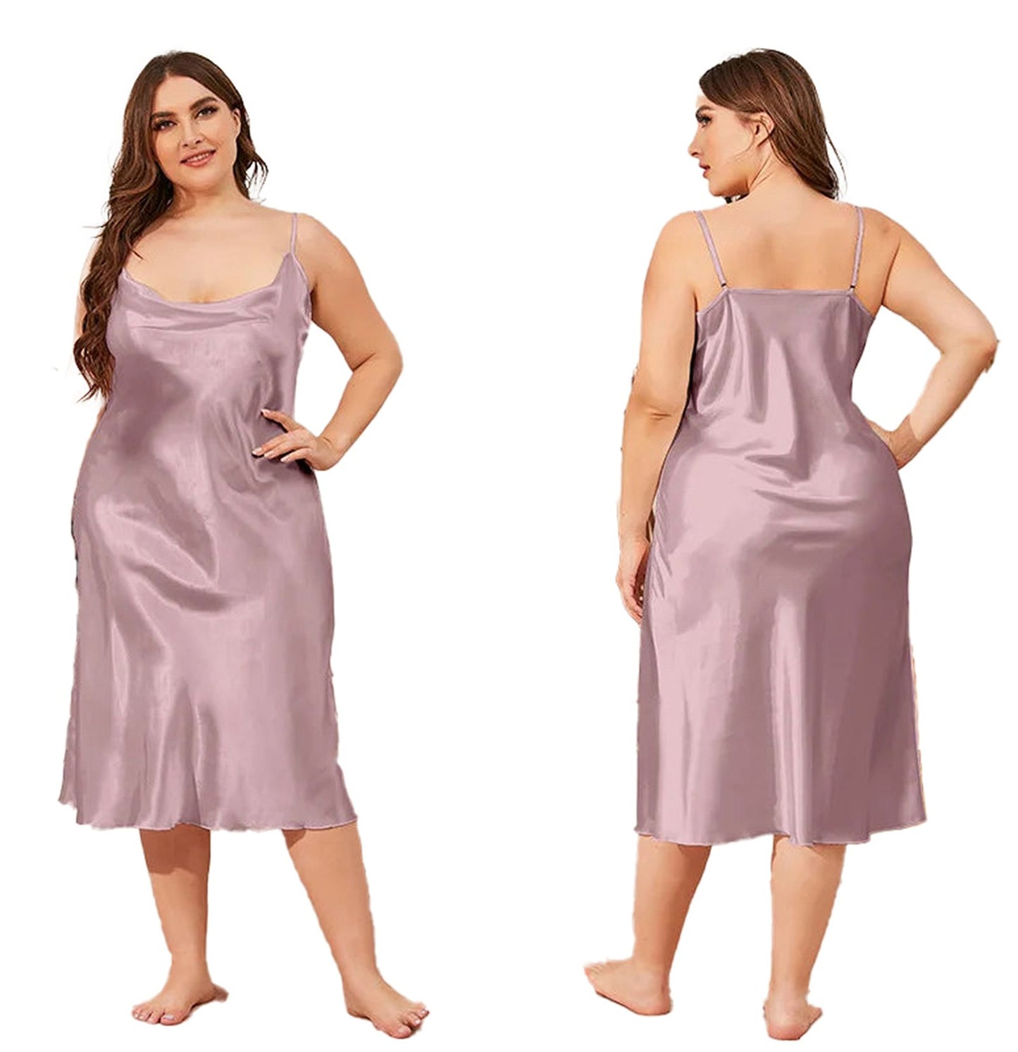 Plus size satin nightgown for women in soft lavender color with adjustable straps and flowy design