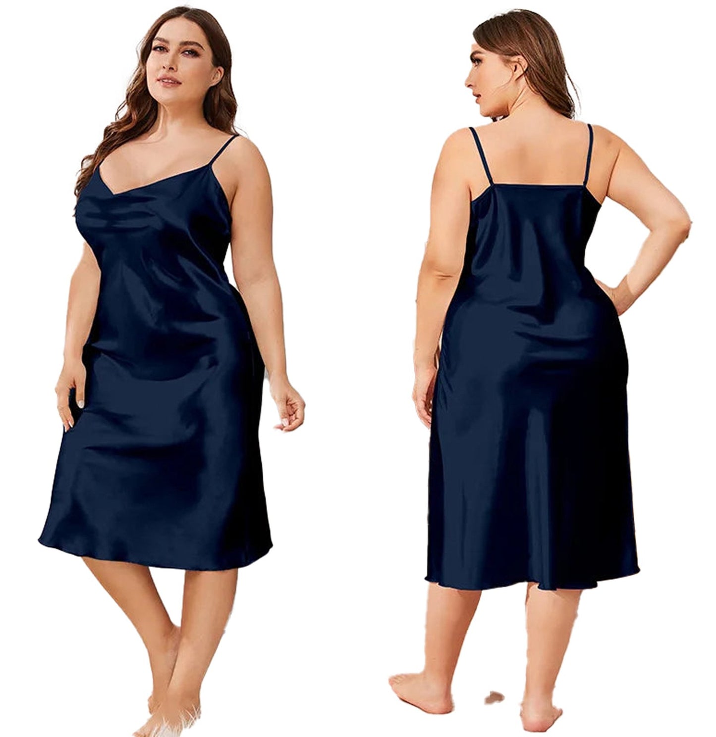 Plus size satin nightgown for women in navy blue with adjustable spaghetti straps and a flowing silhouette