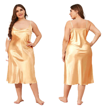 Plus size satin nightgown for women in a soft golden hue with adjustable straps and elegant flow