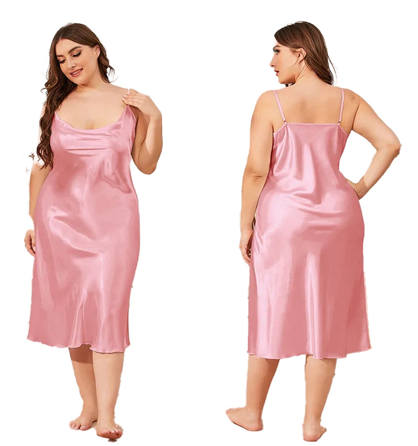 Plus size satin nightgown for women in soft pink with adjustable straps and a sleek fit