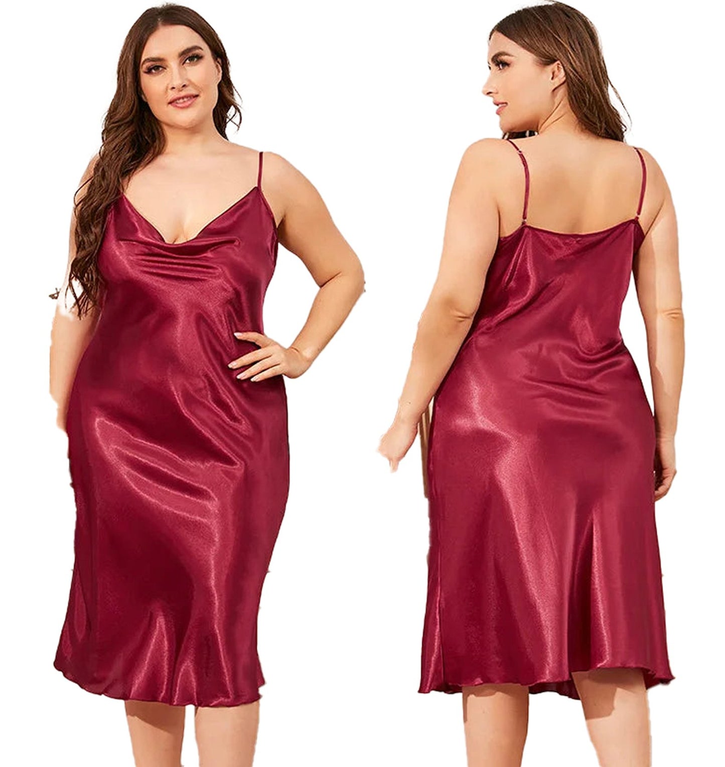 Plus size satin nightgown for women in burgundy with a cowl neckline and adjustable straps, showcasing a sleek design.
