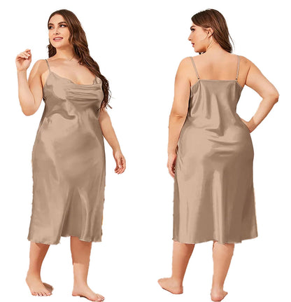 Plus size satin nightgown for women in soft beige with adjustable straps and a flattering fit