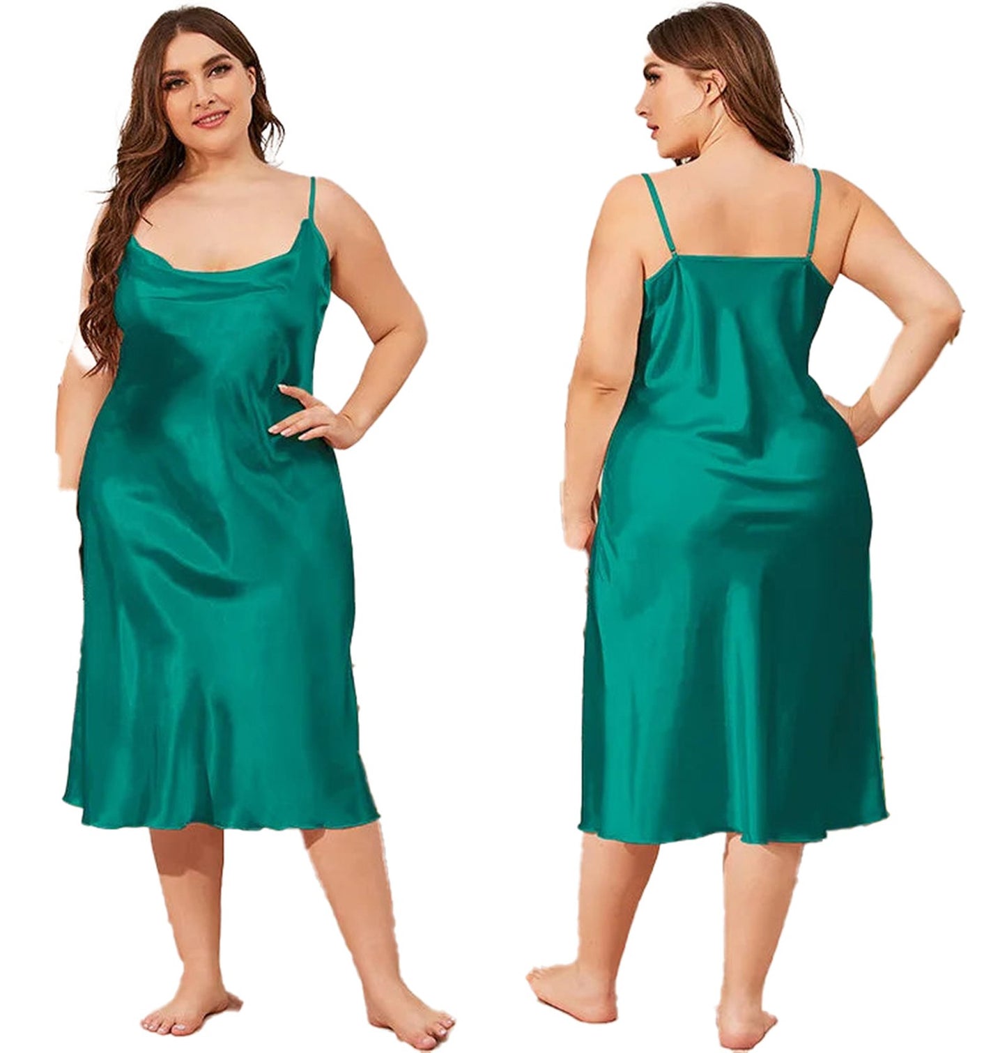 Plus size satin nightgown for women in teal with adjustable straps and a flowing silhouette