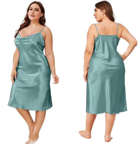 Plus size satin nightgown for women in teal, featuring adjustable straps and a relaxed fit