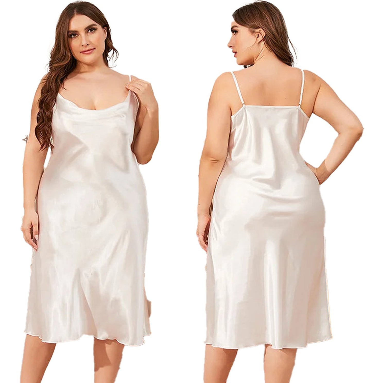Plus size satin nightgown for women in soft ivory with adjustable straps and a flowing silhouette