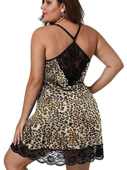 Plus size satin nightgown with leopard print and lace detailing for comfortable sleepwear