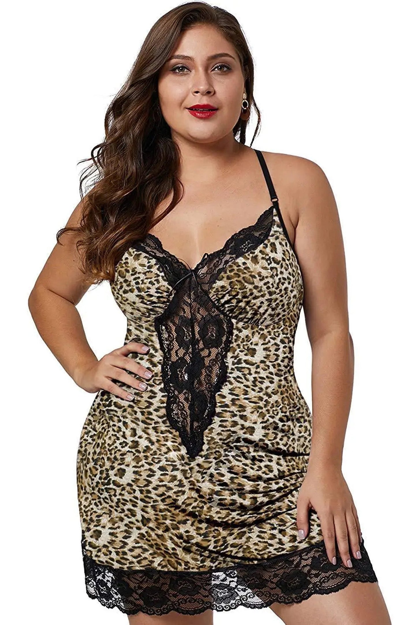 Plus size satin nightgown in leopard print with lace detailing for a stylish and comfortable sleepwear option