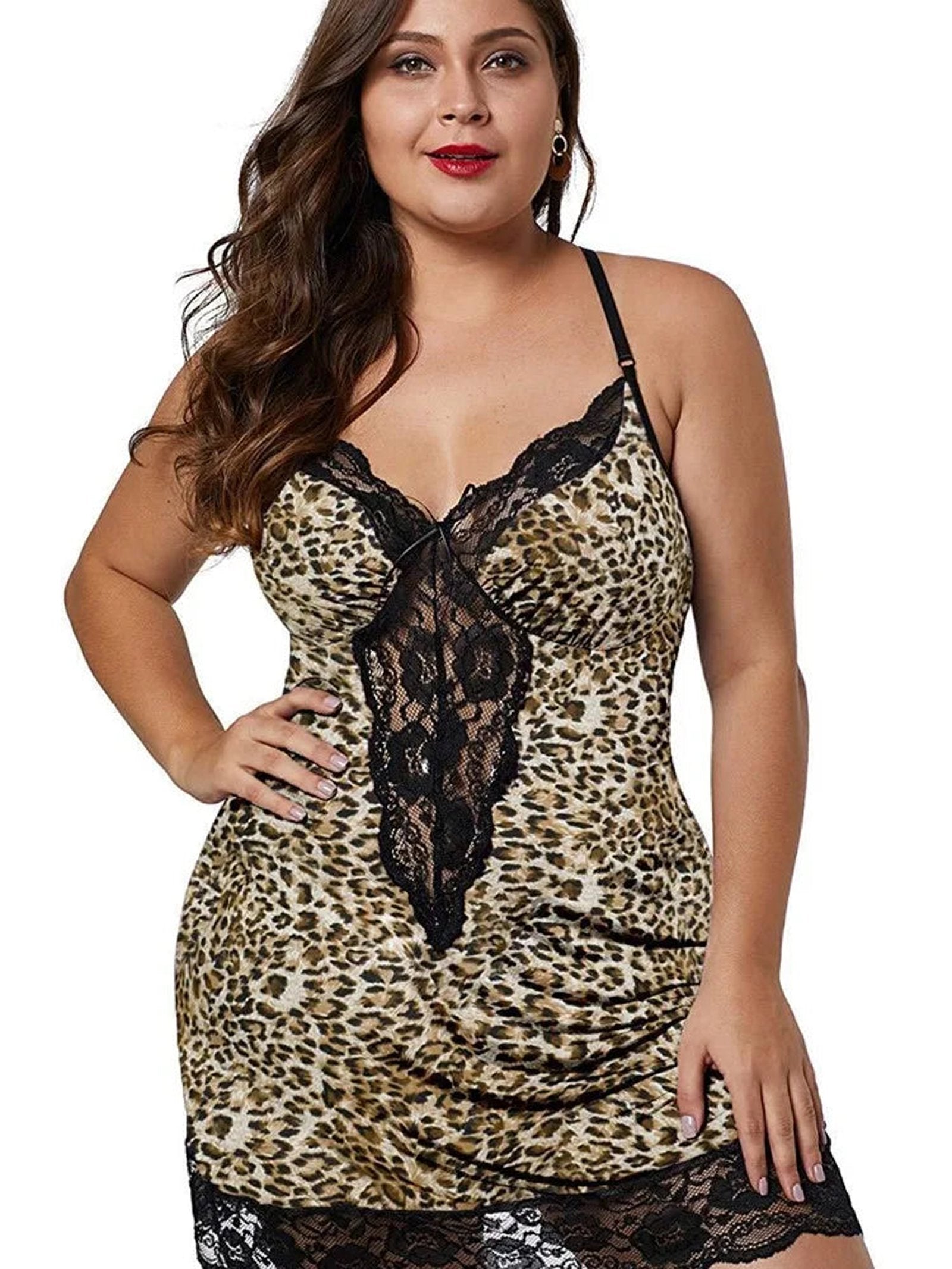 Plus size satin nightgown in leopard print with delicate lace detailing for a stylish night look