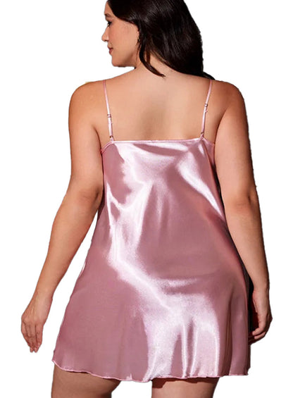 Plus size satin nightgown in soft pink featuring thin adjustable straps and a flowing design
