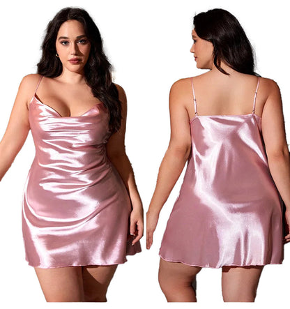 Plus size satin nightgown in soft pink color featuring adjustable straps and a flattering fit
