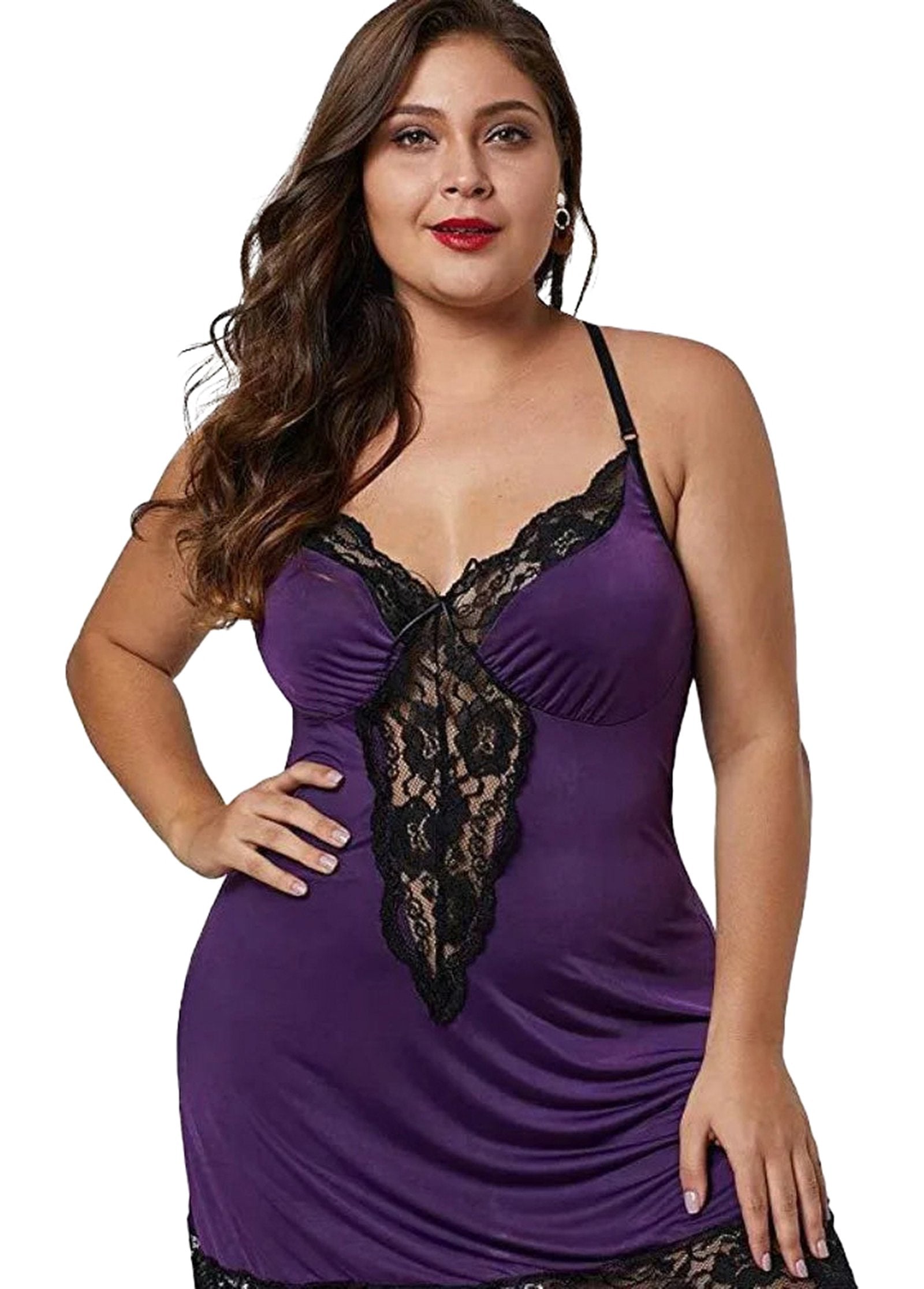 LuckeLadybug plus size satin nightgown in purple with lace detailing and adjustable straps