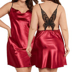 Plus size satin nightgown in red featuring a lace butterfly back design for elegant comfort