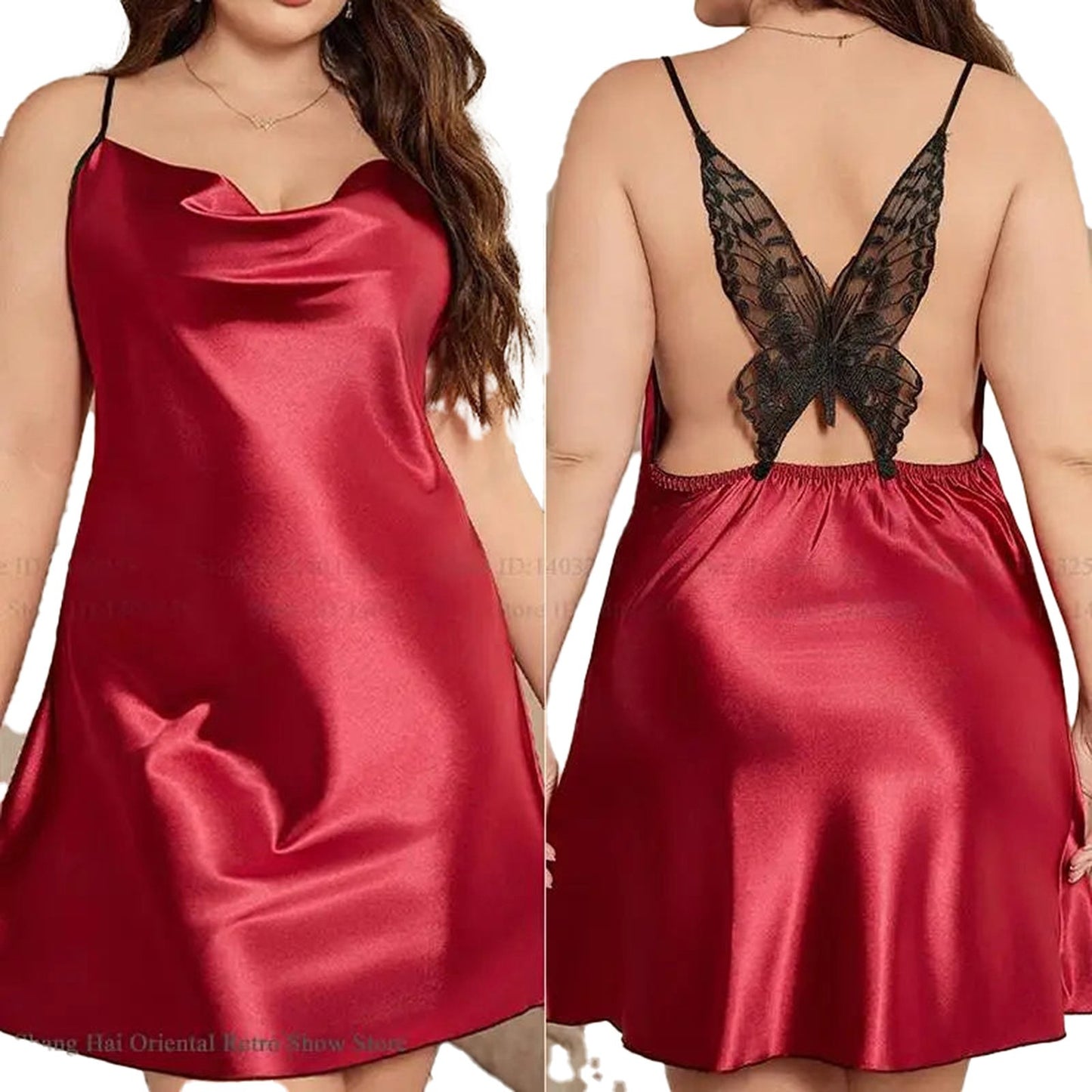 Red plus size satin nightgown with lace butterfly back detail for elegant sleepwear