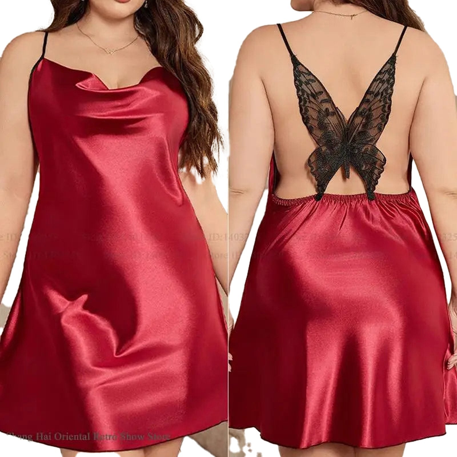 Red plus size satin nightgown with lace butterfly back detail for elegant sleepwear