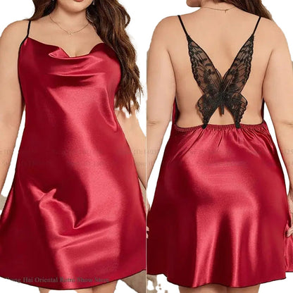 Red plus size satin nightgown with lace butterfly back detail for elegant sleepwear