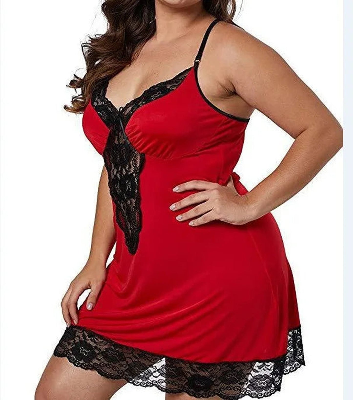 Plus size satin nightgown in red with lace details and adjustable straps for a comfortable fit