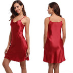LuckeLadybug plus size satin nightgown in red, featuring a sleek design and adjustable straps