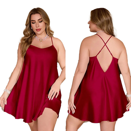 Luxurious plus size satin sleepwear for women in deep red with adjustable straps and a flattering fit