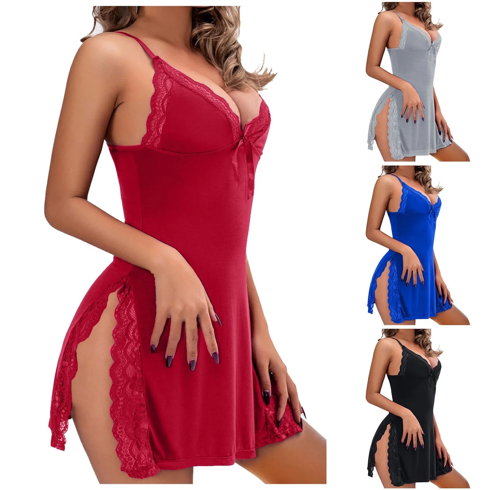 Plus size sexy lingerie for women in red, gray, blue, and black with lace trim and thigh-high slits